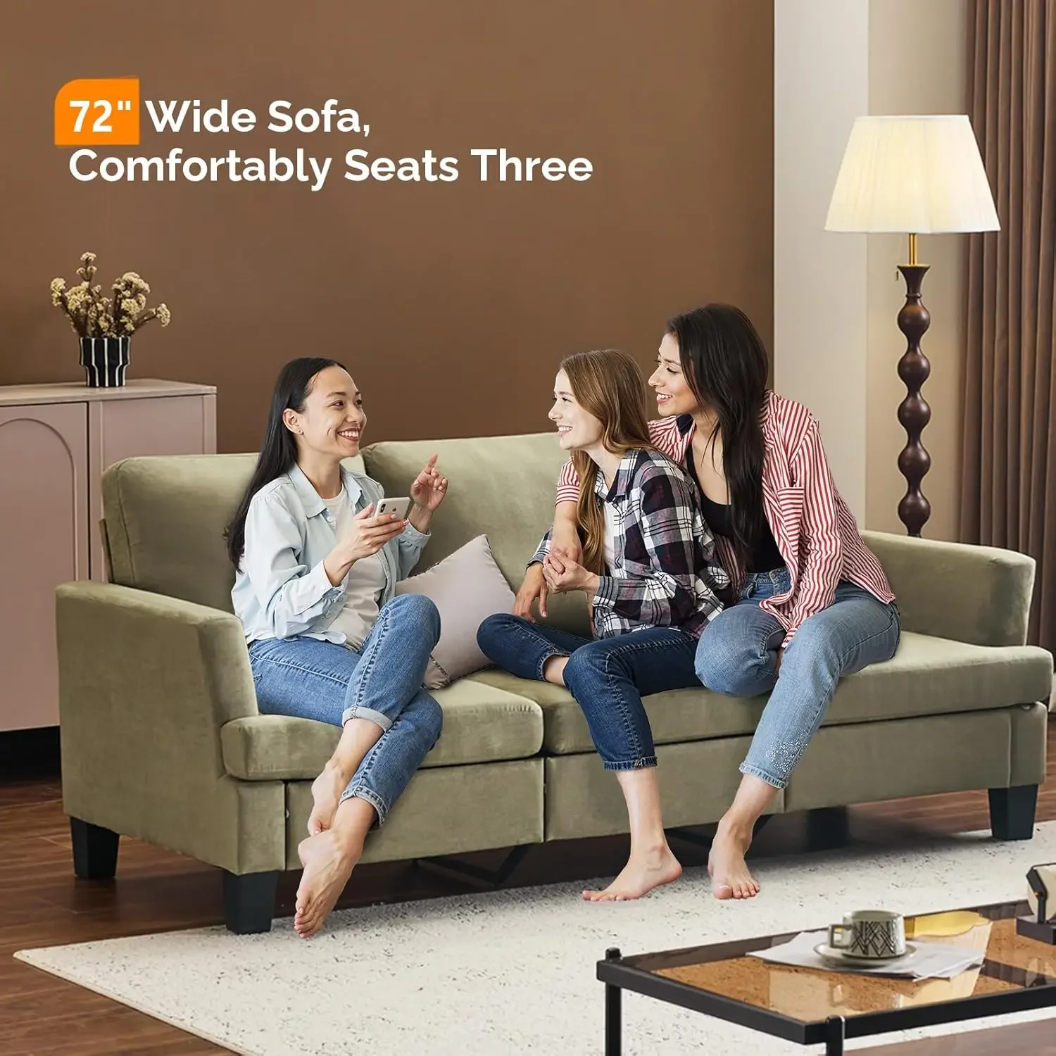 أرائك أريكة مقاس 83 بوصة لغرفة المعيشة، أريكة حديثة مريحة مكونة من 3 مقاعد من جلد الغزال الصناعي مقاس 25.6 بوصة أرائك مريحة للمساحة الصغيرة