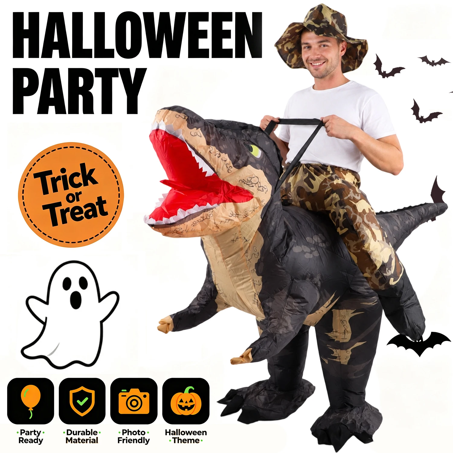 Aufblasbares Reit-Dinosaurier-Kostüm T-Rex Reit-Dinosaurier-Kostüm Cosplay-Set 150–190cm für Halloween-Kostüme für Party-Cosplay