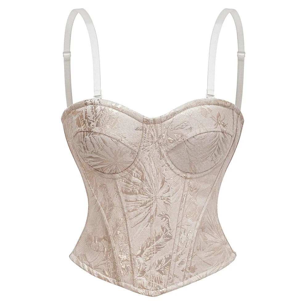 

Champagne Color Romantic Gothic Bustier Crop Top Victorian Jacquard Push up Bra Corset Sexy Vintage Renaissance Party Wear Women
