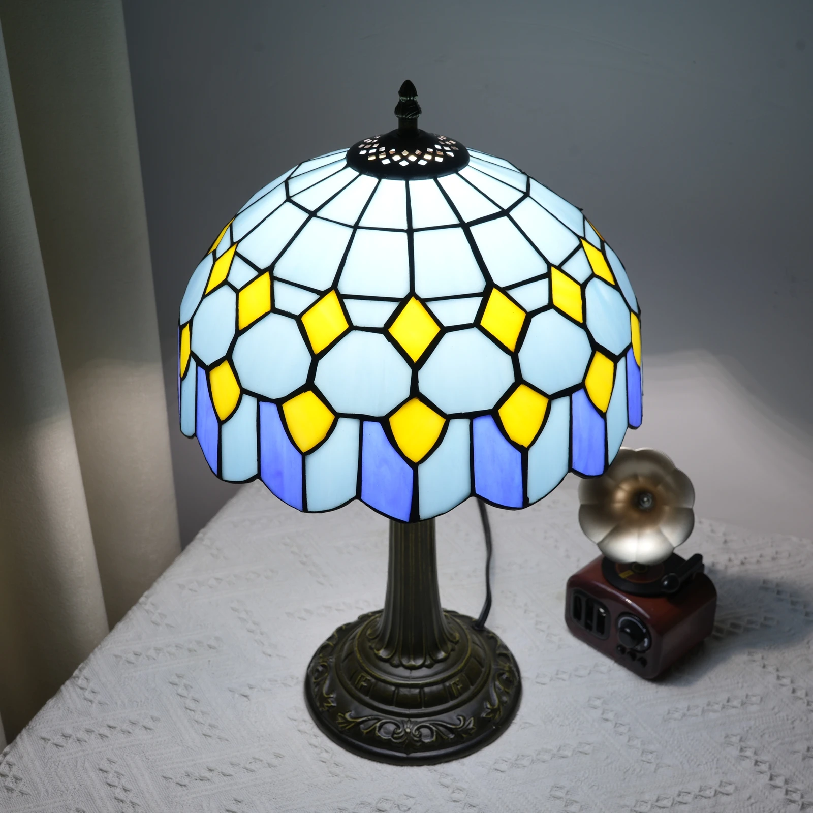 Blue Baroque Table Lamp Stained Glass Reading Desk Light for Bedroom Living Room, Handcrafted Artwork for Home Office
