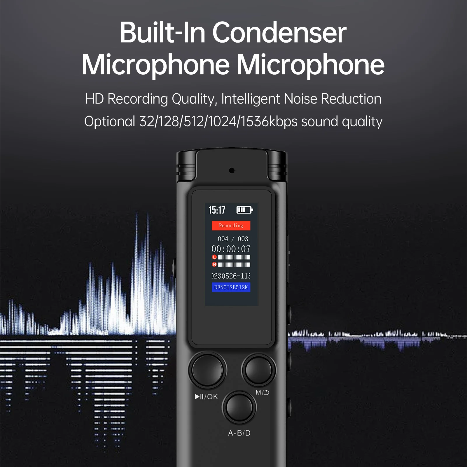 مسجل صوت رقمي 64 جيجابايت/16 جيجابايت/8 جيجابايت، تسجيل صوتي منشط، تقليل الضوضاء مع تشغيل مشغل موسيقى MP3 للاجتماعات