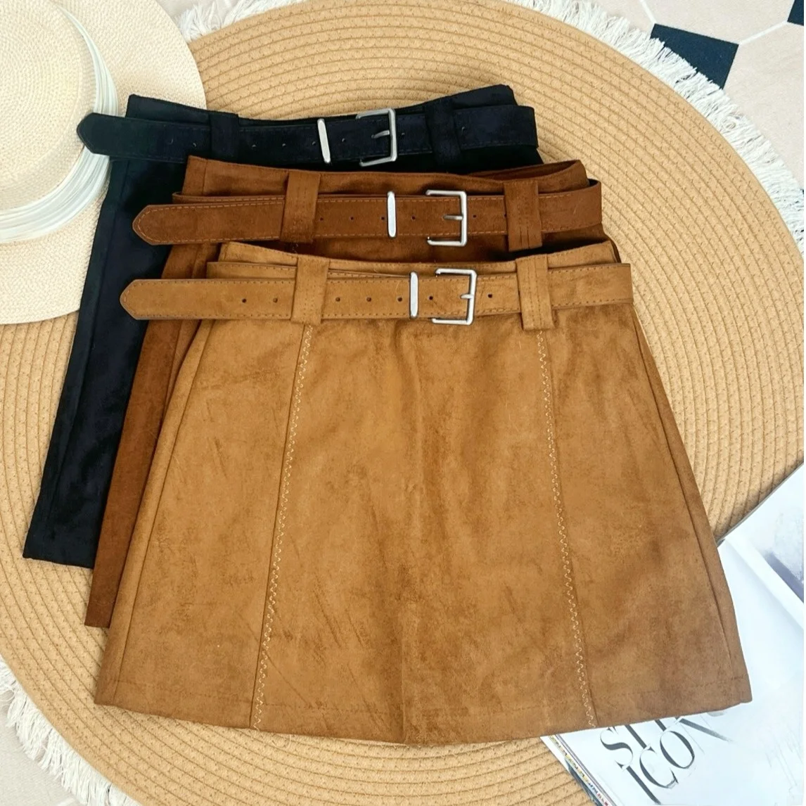 

Юбка женская с высокой талией из велюра под оленью кожу, А-силуэт, короткая, с поясом, коричневая, для повседневной носки, из полиэфирного волокна