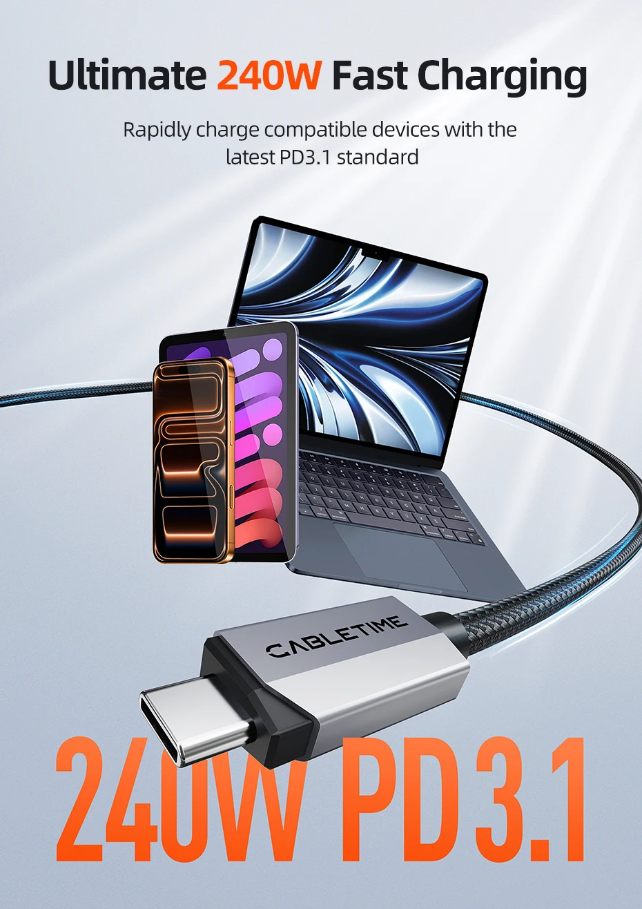 CABLETIME USB4 V2.0 Kabel 80Gbps Datenübertragung 8K@60Hz 240W Ultra-Speed PD 3.1 Geflochtene Ummantelung für Handy, Monitor, PS5 – Detail 4