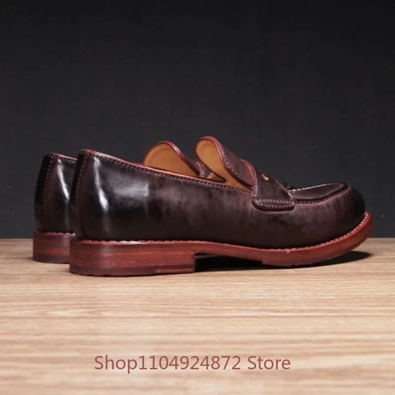 British Retro Business Casual Leather Shoes Men's Cowhide Work Outdoor Fashion Loafers Youth Handmade Genuine Leather Dress Male