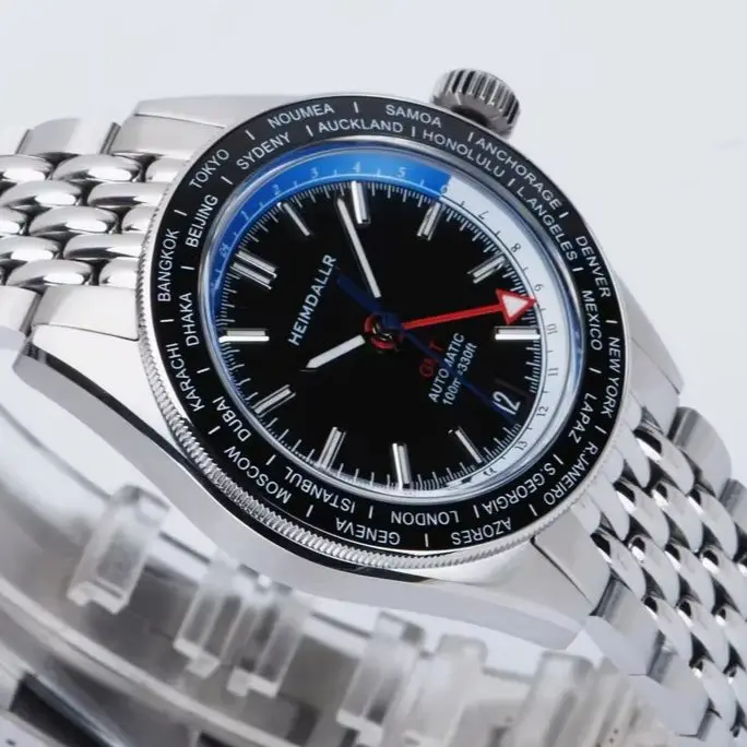 Heimdallr Men Automatic Watch 43mm GMT Mechanical Wristwatch 100m Waterproof Luminous Sapphire Mirror NH34 World Time Bezel