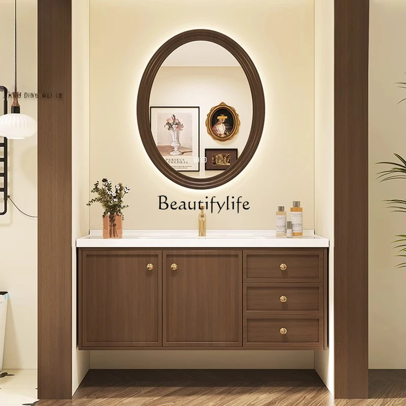 

French retro oak bathroom cabinet combination bathroom mirror cabinet ancient style integrated ceramic basin