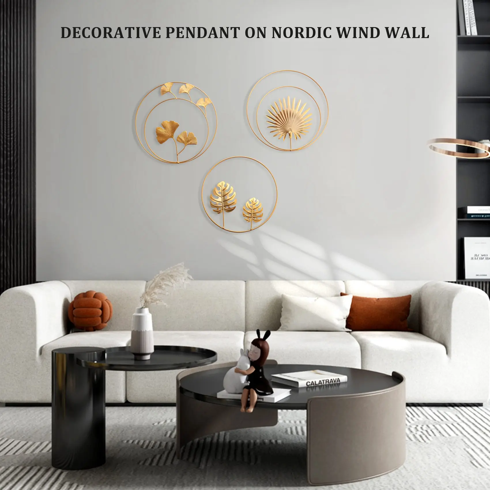 B84B Iron Wall Decor Gold Ginkgo for Maple Monstera Leaf Wall Decor Round Metal Wall Sculptures for Bedroom Living Room Hanging