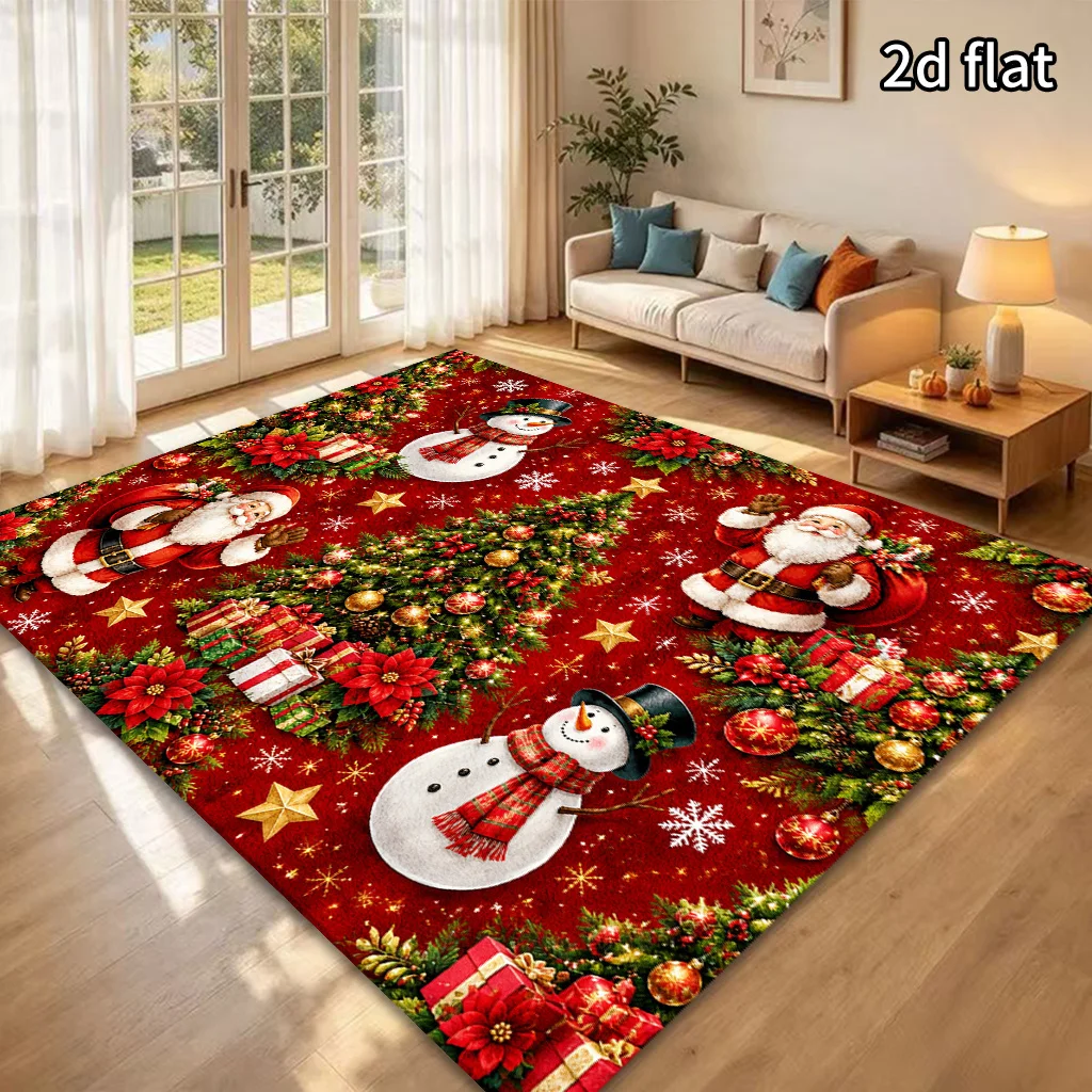 2D Flat Christmas Santa Snowman Area Rug, Red Background Xmas Tree Gift Poinsettia Snowflake Print, Floor Decor for Bedroom