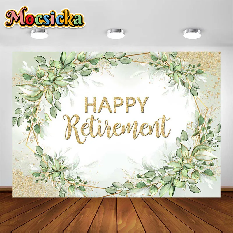 

Mocsicka Happy Retirement Party Photography Decoration Backdrop Green Leaves Gold Shiny Celebrate Background Photo Studio Props