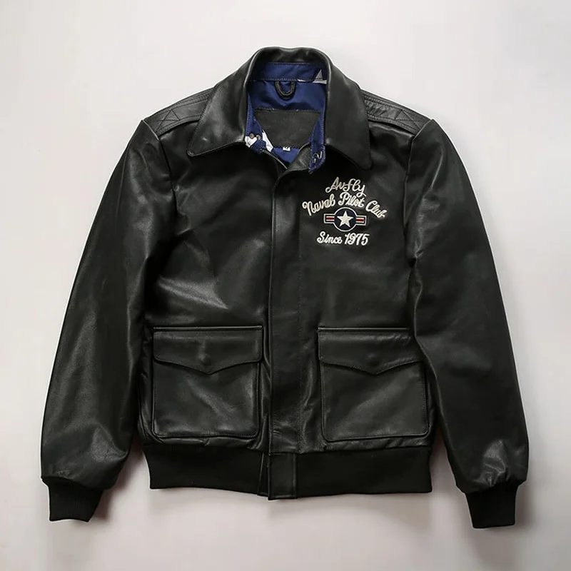 Motorcycle leather jacket loose-fitting retro pilot leather jacket, men's wing embroidered A2 cowhide flight suit leather jacket