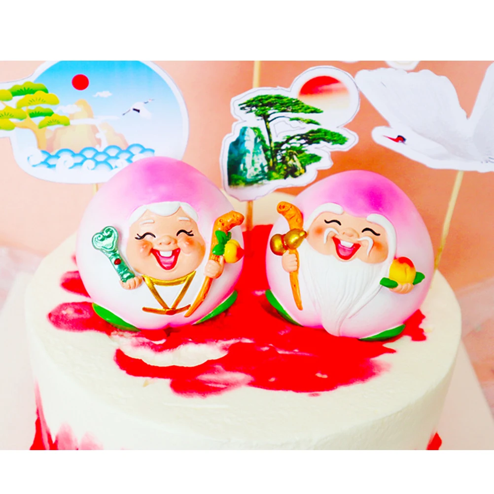 

Adorable Peach Shaped Birthday Cake Toppers Chinese Style Grandma Grandpa Cake Decorations Cupcake Dessert Home Car Decoration