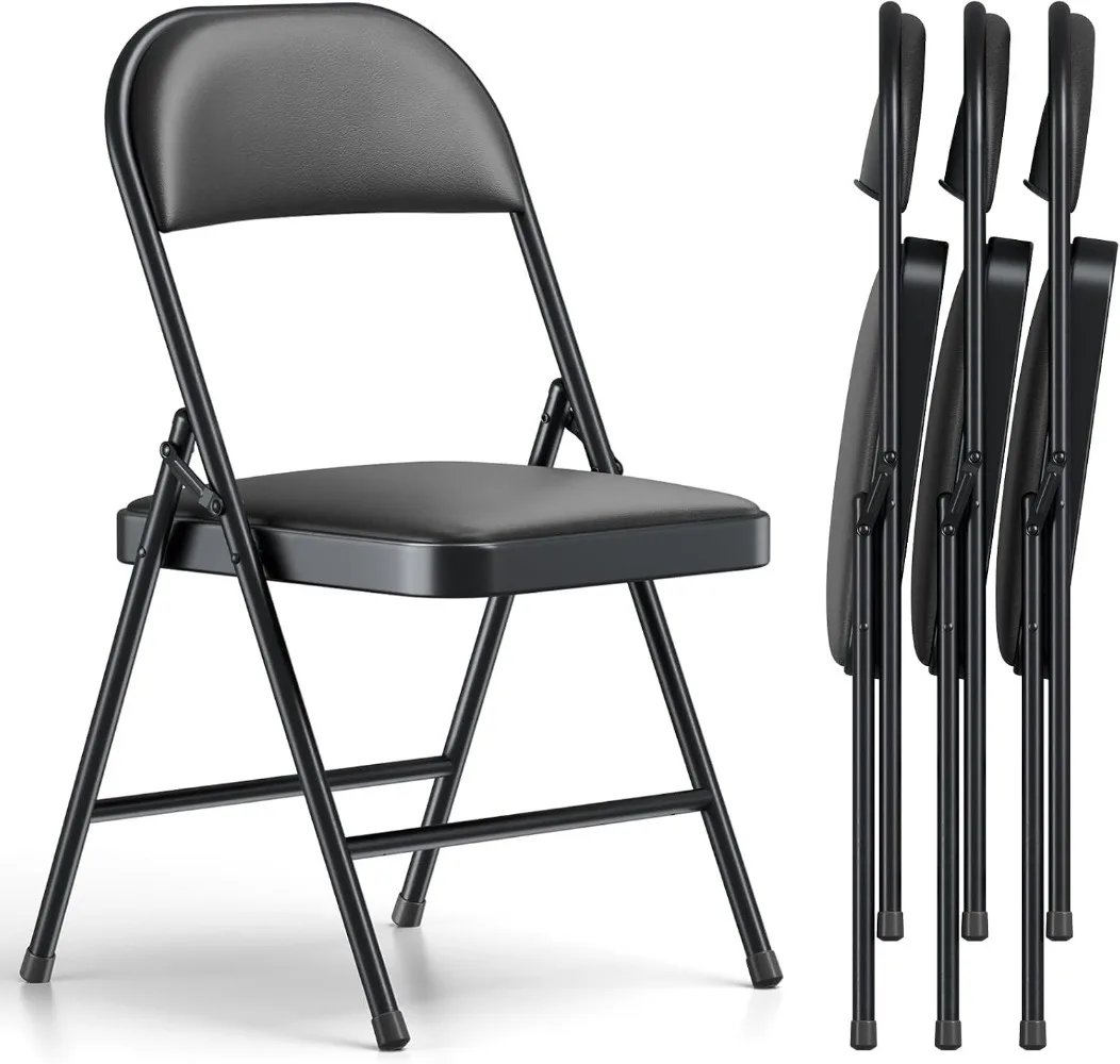 Folding Chair 4 Pack, Comfy PU Leather Padded Folding Chairs for Outside and Indoor, Heavy Duty Portable Foldable Metal
