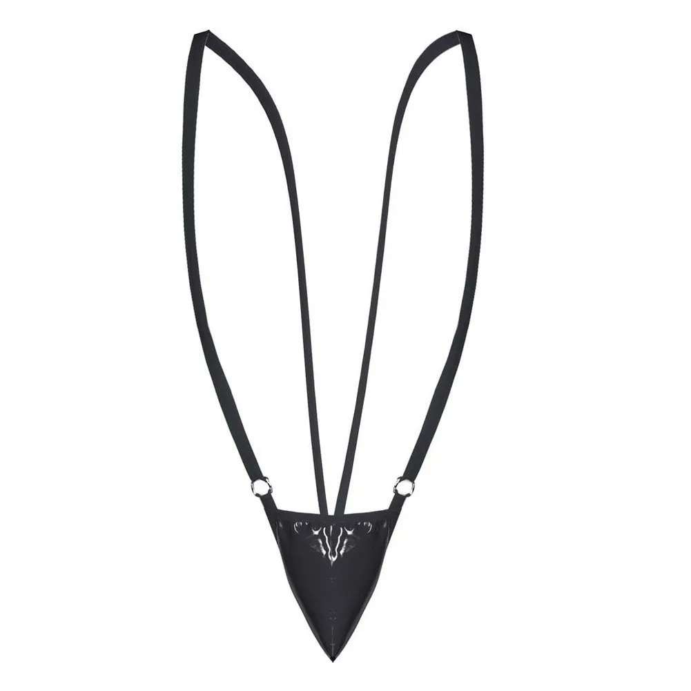 Sexy Men's Faux Leather Bodysuit Thong With Bulge Pouch And Suspender Shoulder Straps One-Piece G-String Underwear