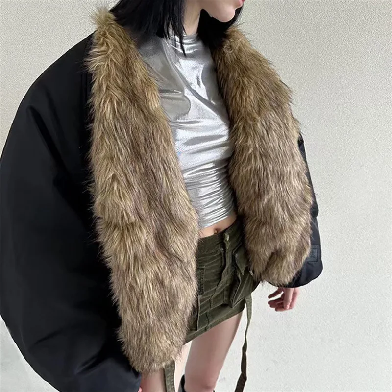 Patchwork Black Furry Jacket Fluffy Cardigans Plush Coat with Faux Fox Collar Warm Thick Street Stylish Lapel Fur Jackets Casual