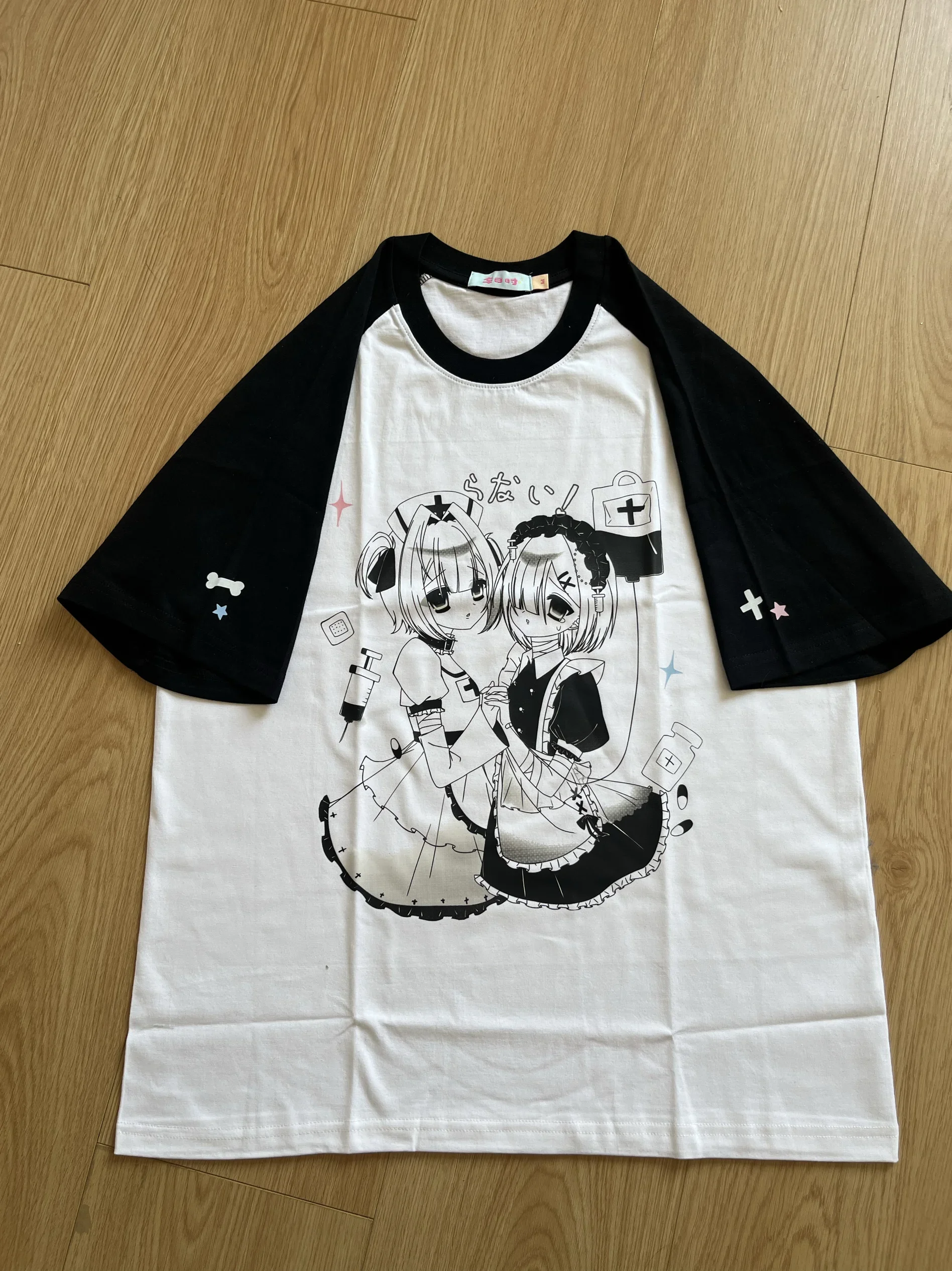 Japanese Asian Culture Printed 2D Maid Black White Raglan Short-Sleeved T-shirt Girl Women Round Neck Pure Cotton Loose Tee Tops