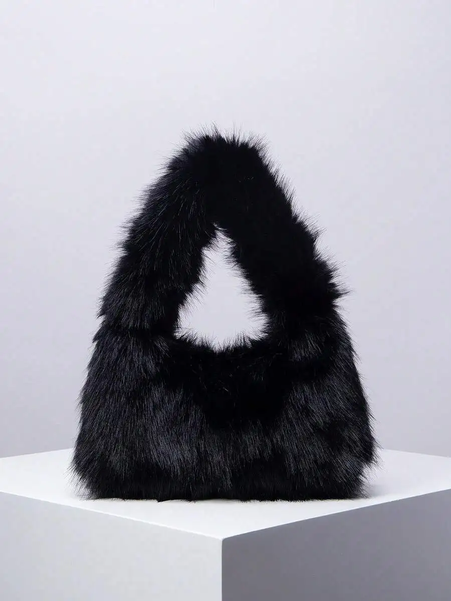 

Black Fluffy Faux Fur Top-Handle Tote Bag for Women, Soft Textured Shoulder Bag for Parties & Winter Outfits