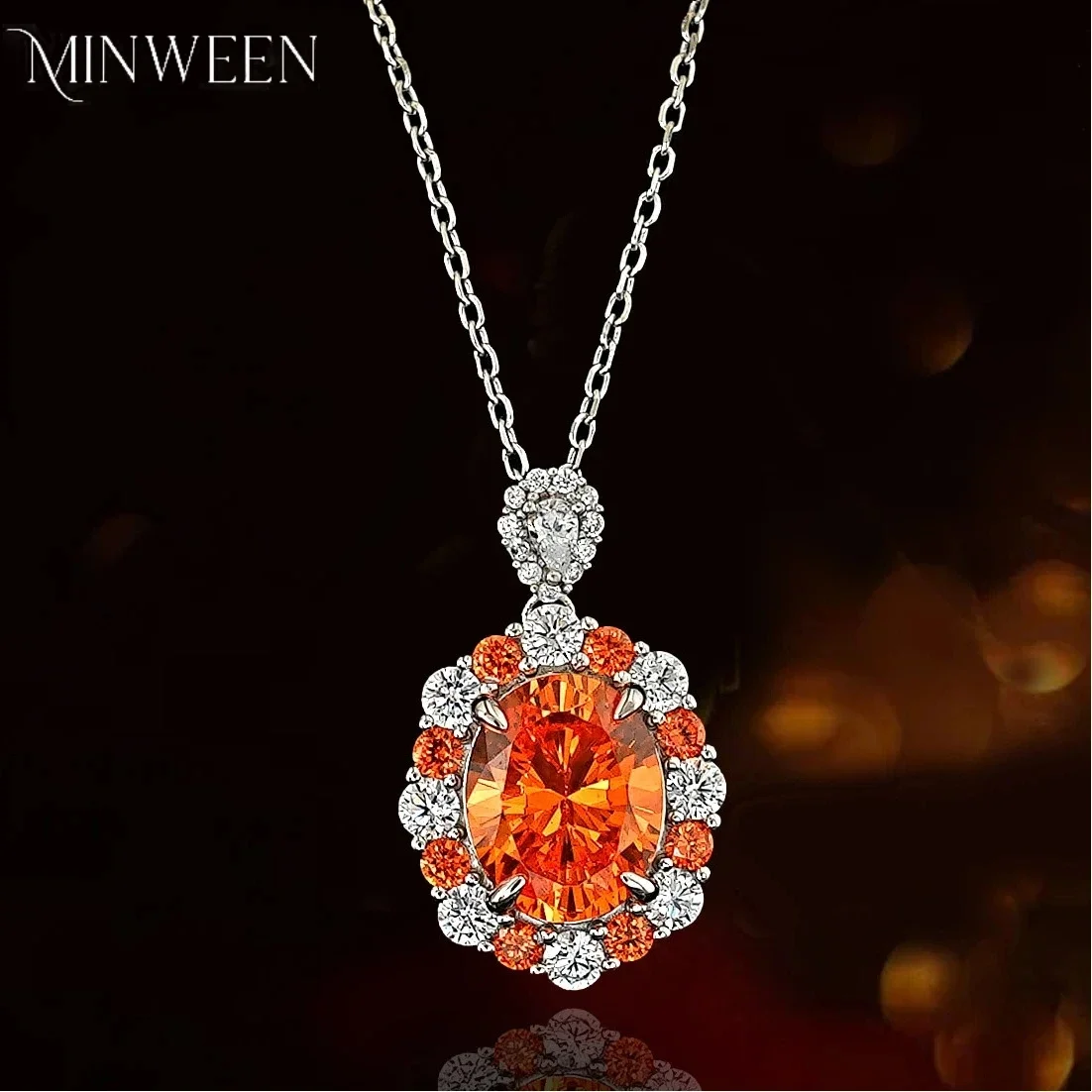 MINWEEN 8*10mm Lab Orange Diamond Necklace For Wowen With 925 Silver Plated 18k Gold Pandent Jewelry