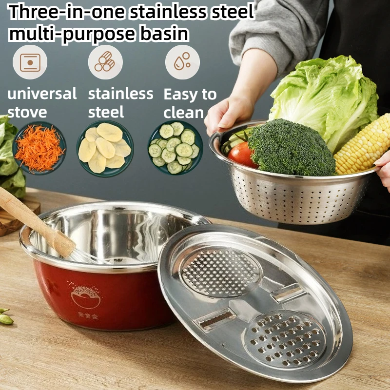 

3pcs/1 set of stainless steel multi-purpose basin,slicing,grater,drain basin, vegetable and fruit basin, used for home,camping