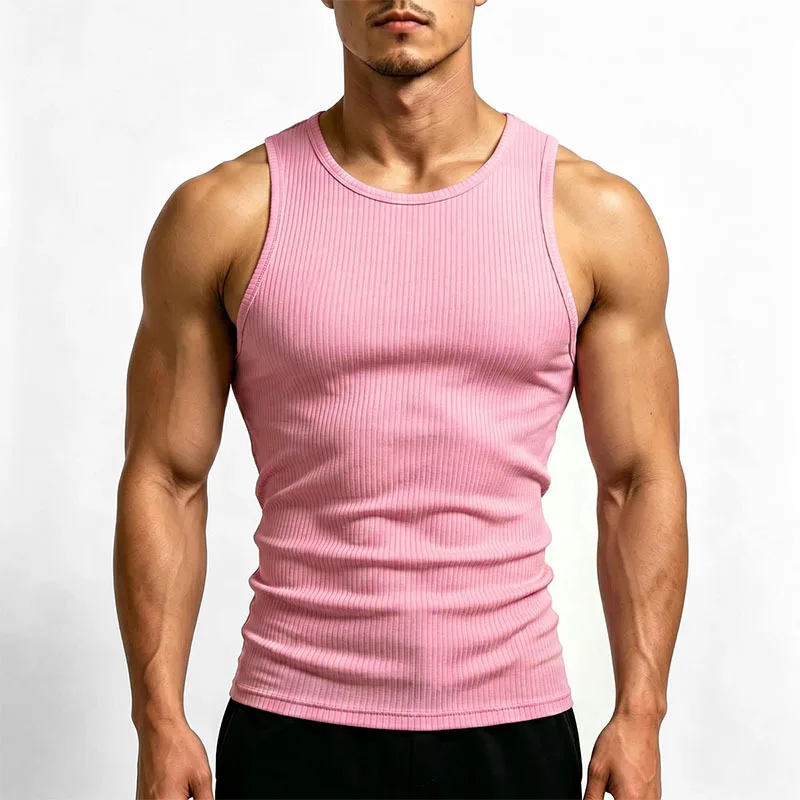 2026 New Men's Rib Knit Tank Tops Elastic Slim Fit Fitness Gym Vest  Quick-drying Sleeveless Muscle Shirts for Running Training