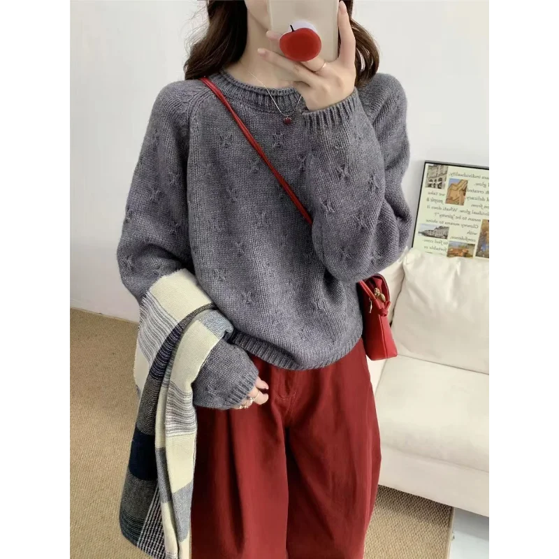 Jersey de cuello redondo con gancho tridimensional que combina con todo, suéter para mujer, ropa de primavera, nuevo suéter de punto suelto, Top