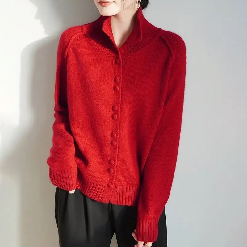 

Women's Clothing High Neck 2025 Loose Autumn and Winter New Lazy Retro Wool Knitted Cardigan Jacket Sweater