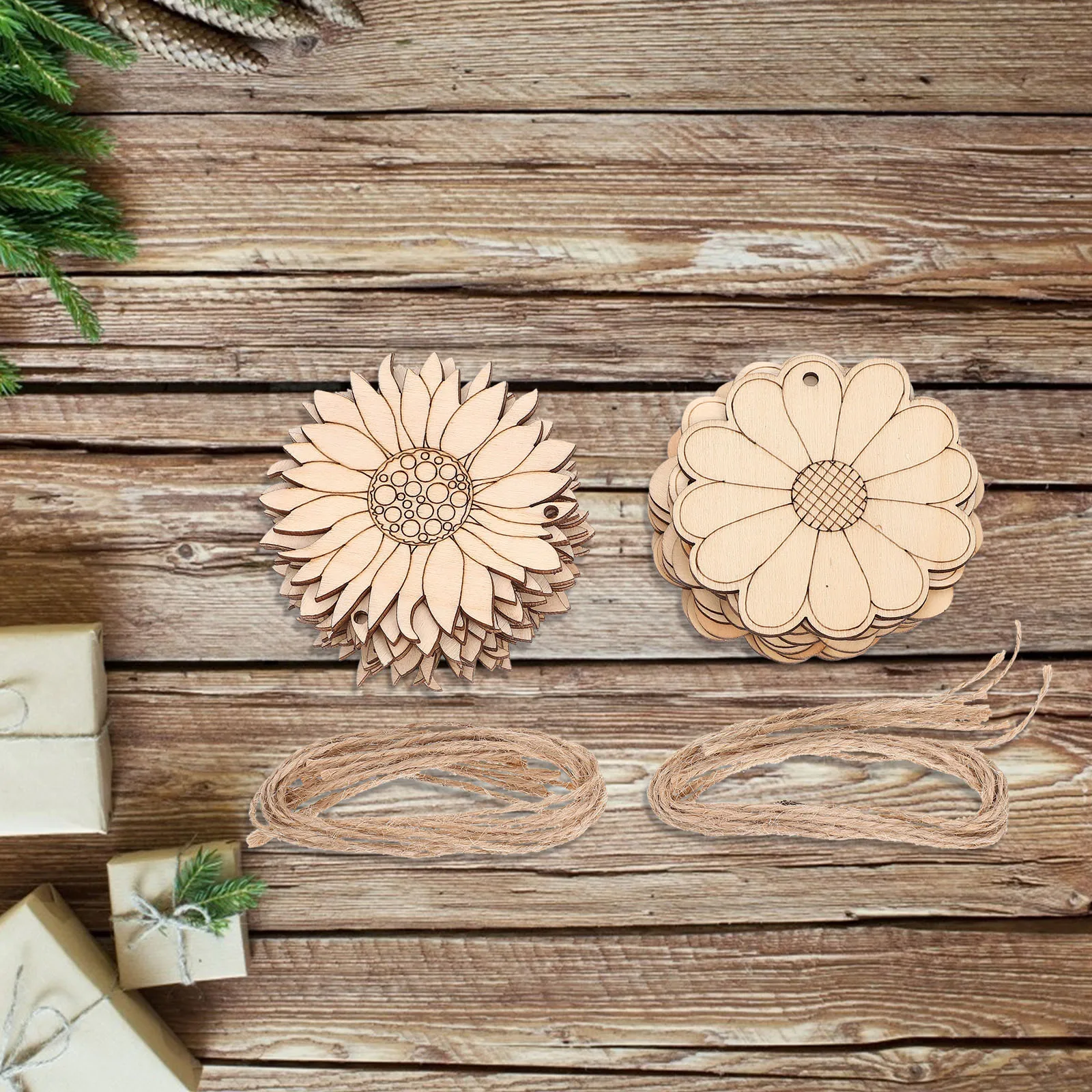 

20pcs Wood Slice Diy Crafts Blank Wood Pieces Flower Shape Wooden Chips Sunflower Craft Supplies Decorative Unfinished For Door
