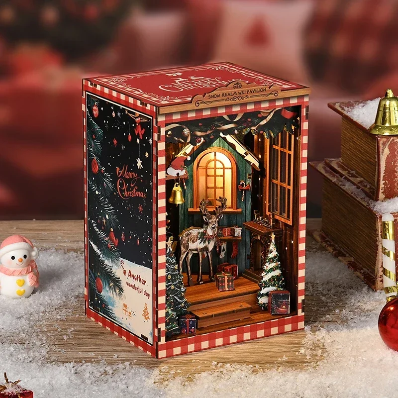 Snow Realm Wei Pavilion Bookend DIY Wooden Christmas Book Nook Shelf Insert Kit Miniature Model Kits Bookshelf for Friends Gifts