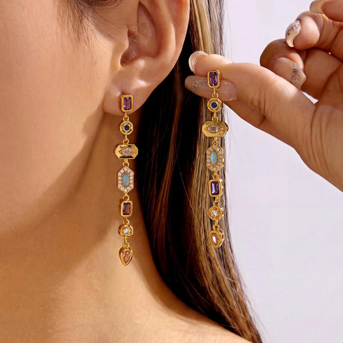 Bunte geometrische lange Quasten-Ohrringe mit Zirkonia für Damen und Herren, glänzende, elegante geometrische Ohrringe, Hochzeitsschmuck – Detail 12