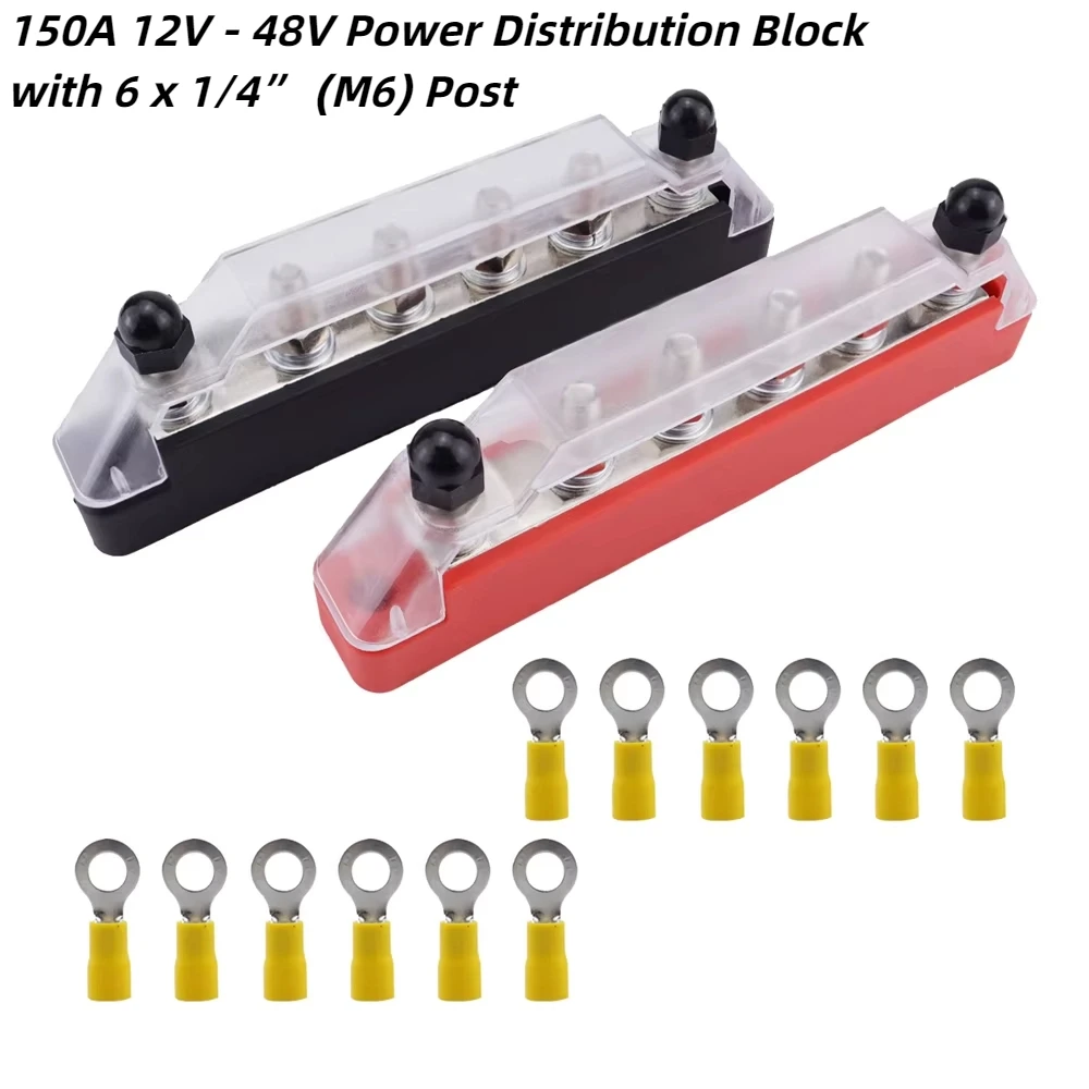 

150A 12V Bus Bar Marine 12V - 48V Power Distribution Block with Cover & 6 x 1/4”(M6) Post,Battery 12V Bus Bar & Ring Terminals