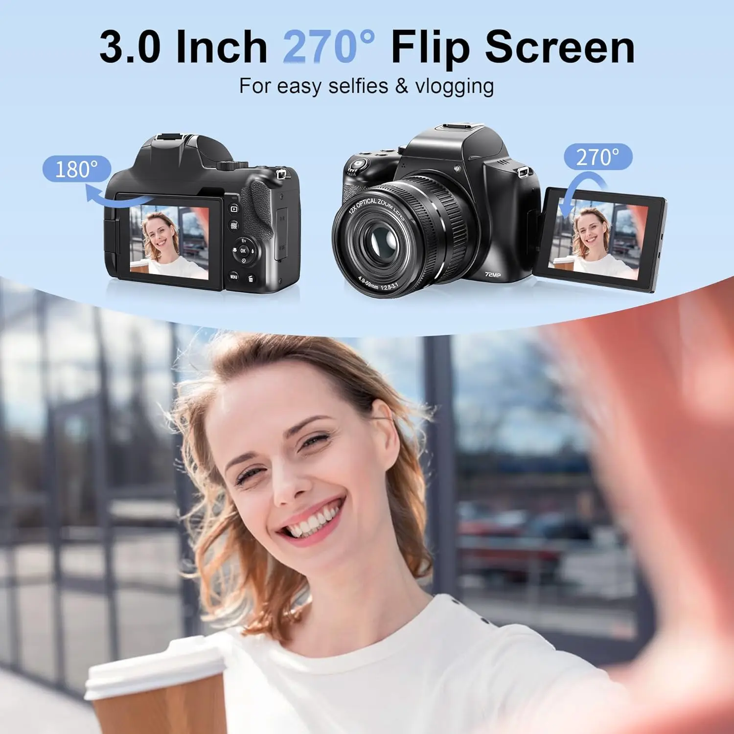 72MP Digital Cameras For Photography 4K 12X Optical Zoom Camera Auto Focus Youtube Video Professional Camcorder 270°Flip Screen