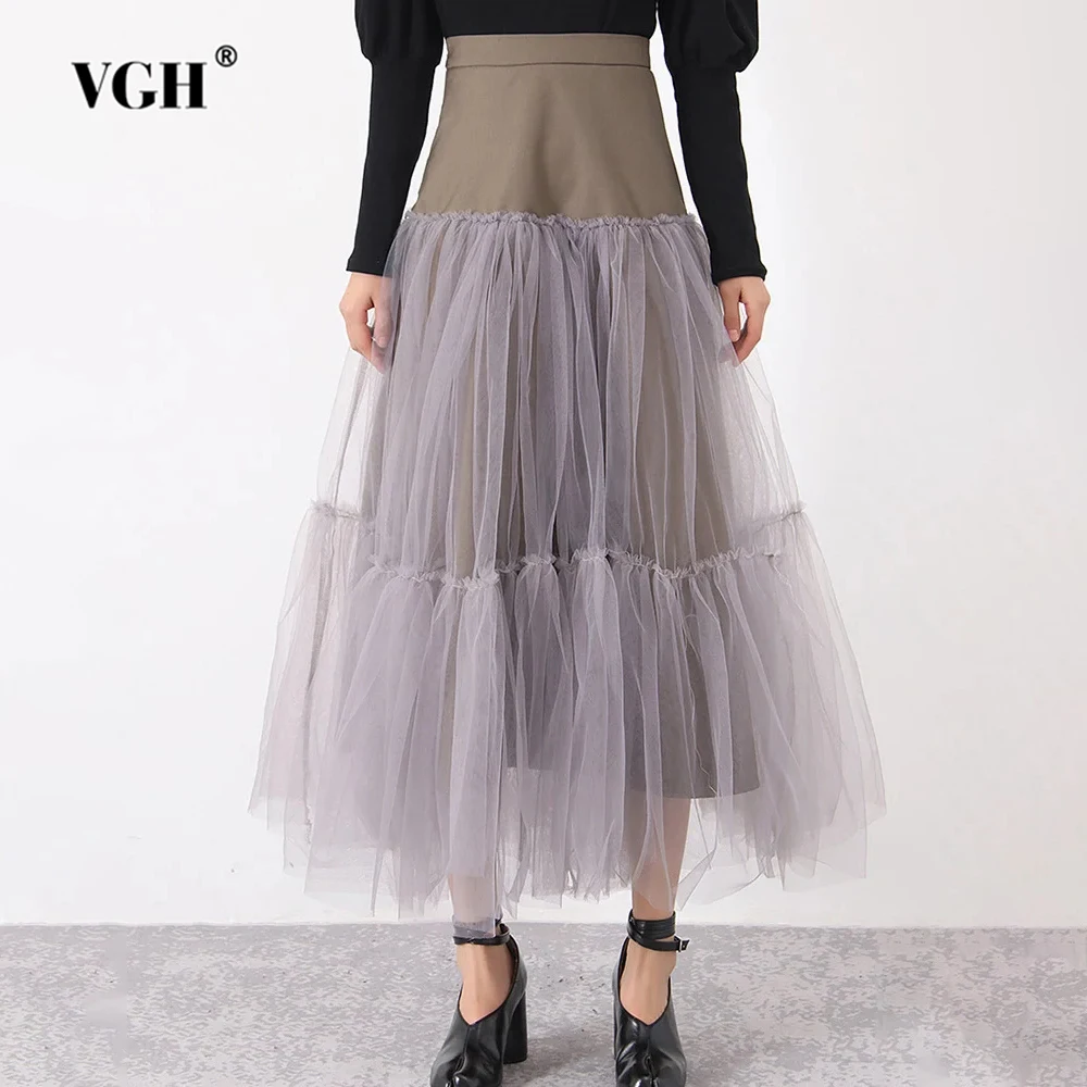 

VGH Casual Patchwork Sheer Mesh Skirts For Women High Wiast Spliced Zipper Soild Vintage A Line Skirts Female Fashion Clothing