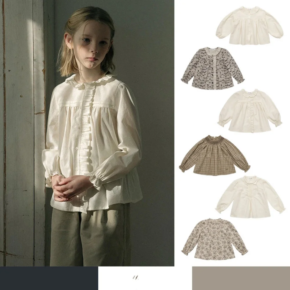 

Осень-зима, Новое поступление, рубашка с длинными рукавами из чистого хлопка для девочек, универсальные детские блузки с милым цветочным принтом и деревянными краями