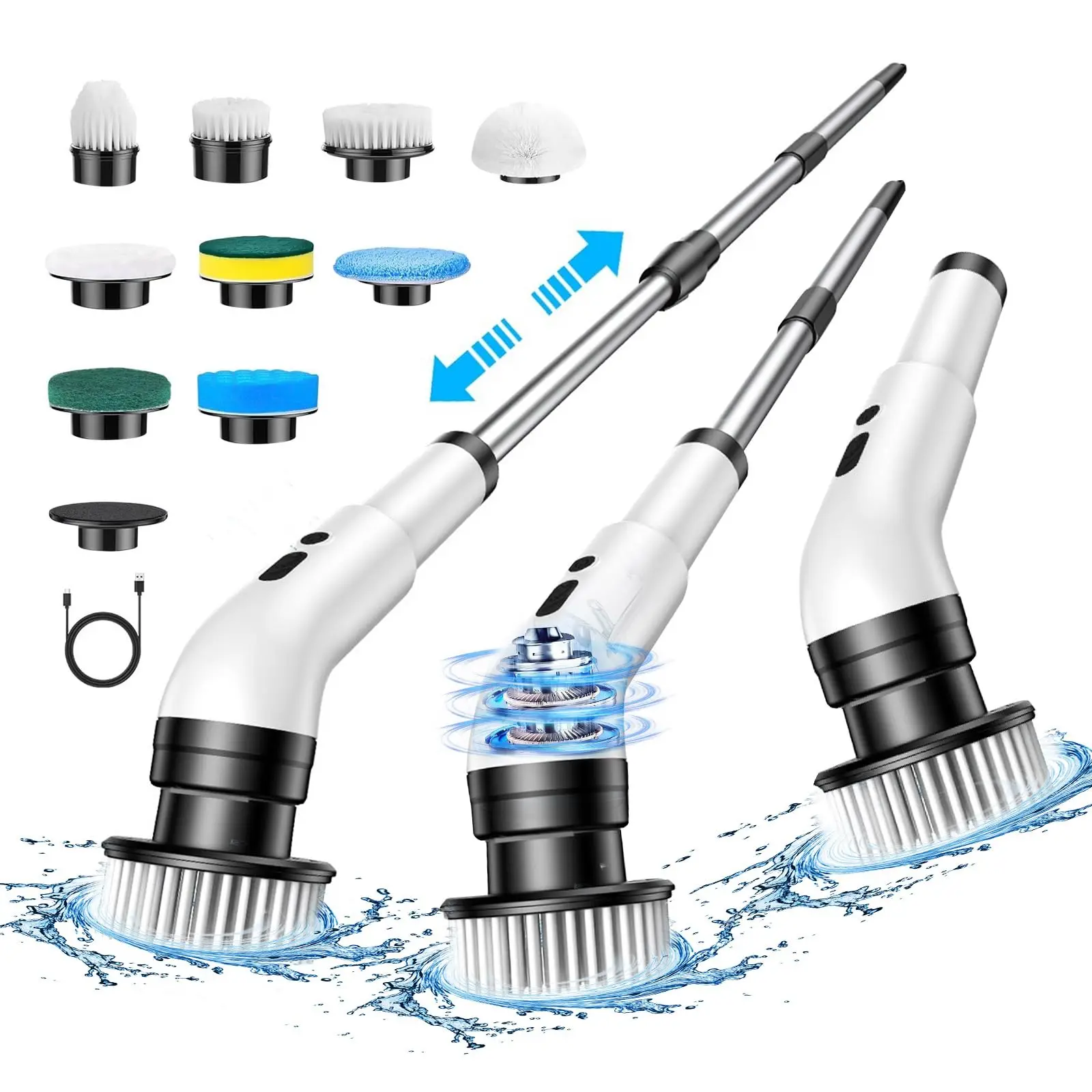 Cordless Electric Spin Scrubber for Cleaning Bathroom, Adjustable Extension Long Handle,Power Cleaning Brush with 10 Brush Heads