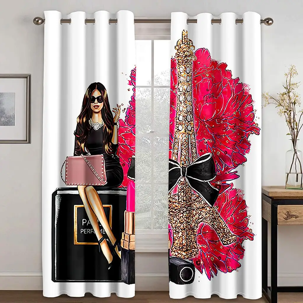 

2Pcs Paris Chic Curtains Fashion Girl Red Feather Eiffel Tower Living Room Bedroom Sun Shade Decorative Curtains