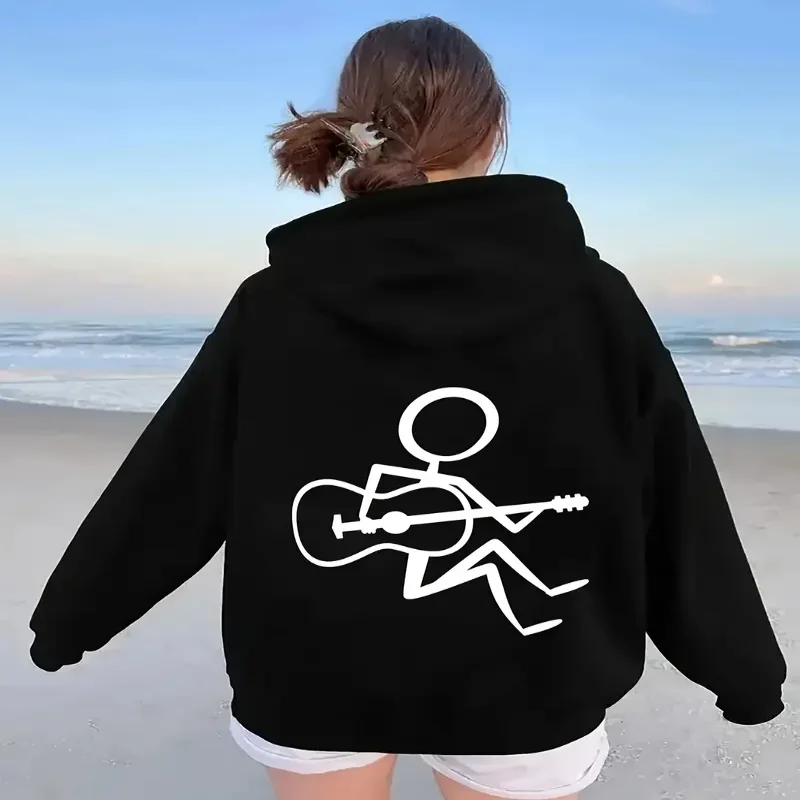 Womens Casual Long Sleeve Hoodie Pullover Guitar Music Note Design Fall Winter Season Comfort Hoodie Pockets Casual Daily Wear