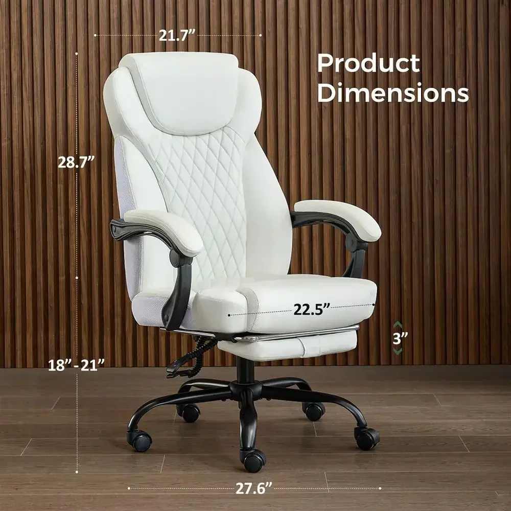 Ergonomic High-Back Leather Office Chair with Footrest and Lumbar Support for Big and Tall, White