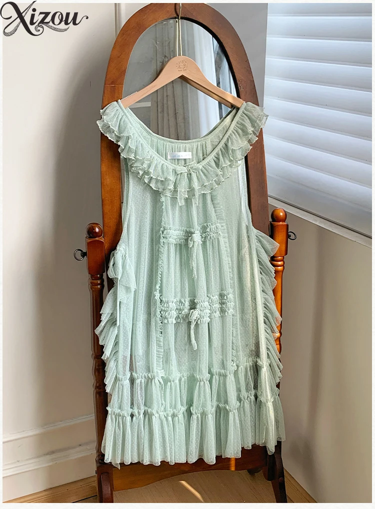 

Lolita Sweet Y2k Dress Summer 2025 Women Lightweight Pleated​​ ​​Japanese Lace Bow Ruffles​​ ​​Leader Sleeveless​​ ​​Point Yarn