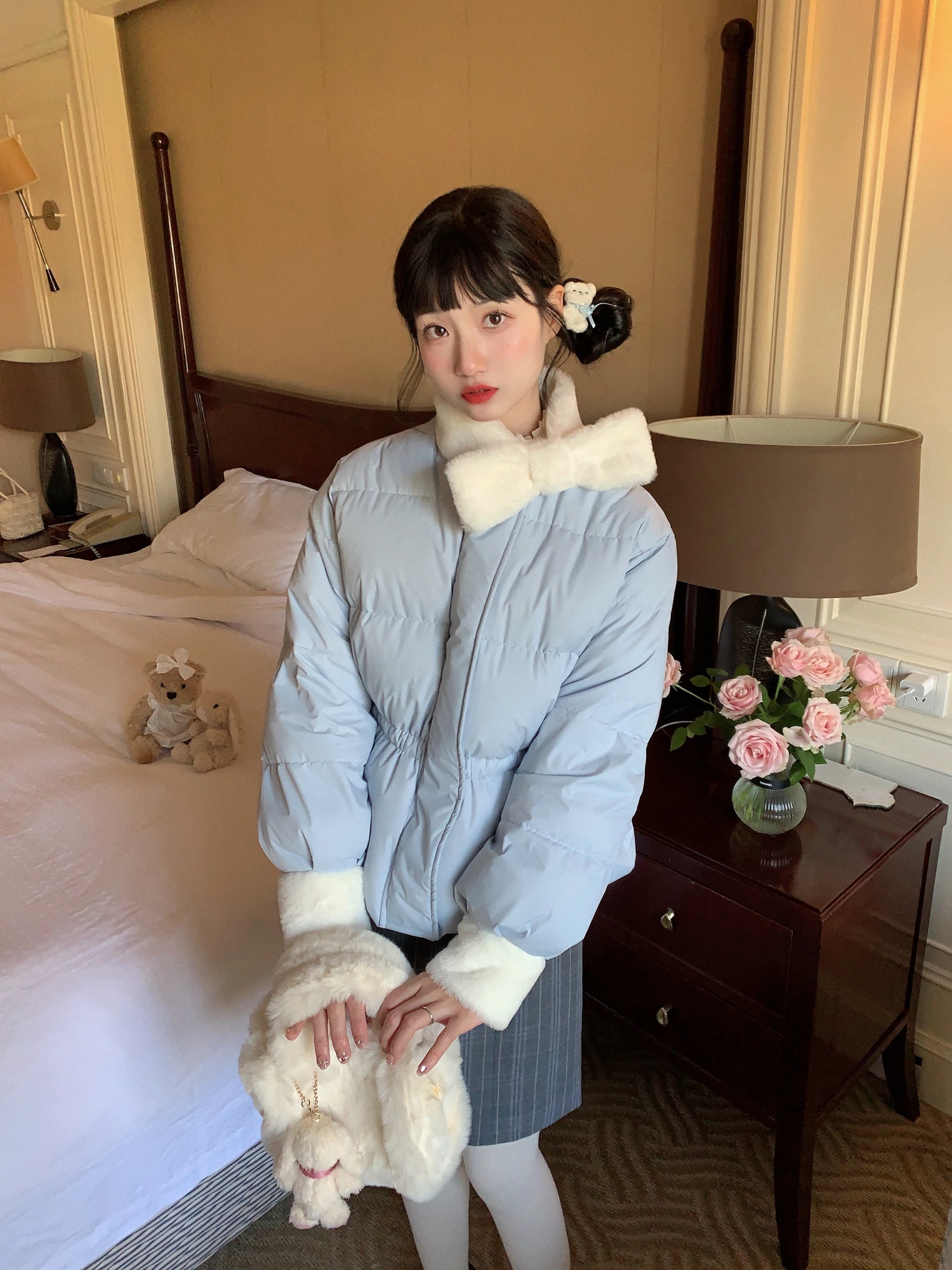 

Утепленное пуховое пальто Honeyrubao Du с завязками на талии, нежно-голубое, для женщин, зимний сезон