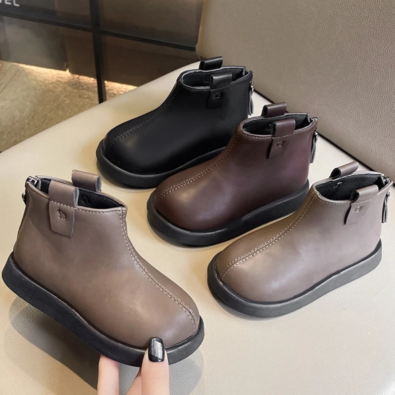 Toddler Girls Vintage Ankle Boots Little Kids Autumn Winter Side Zipper Booties PU Leather Non-Slip Soft Rubber Sole Short Boots