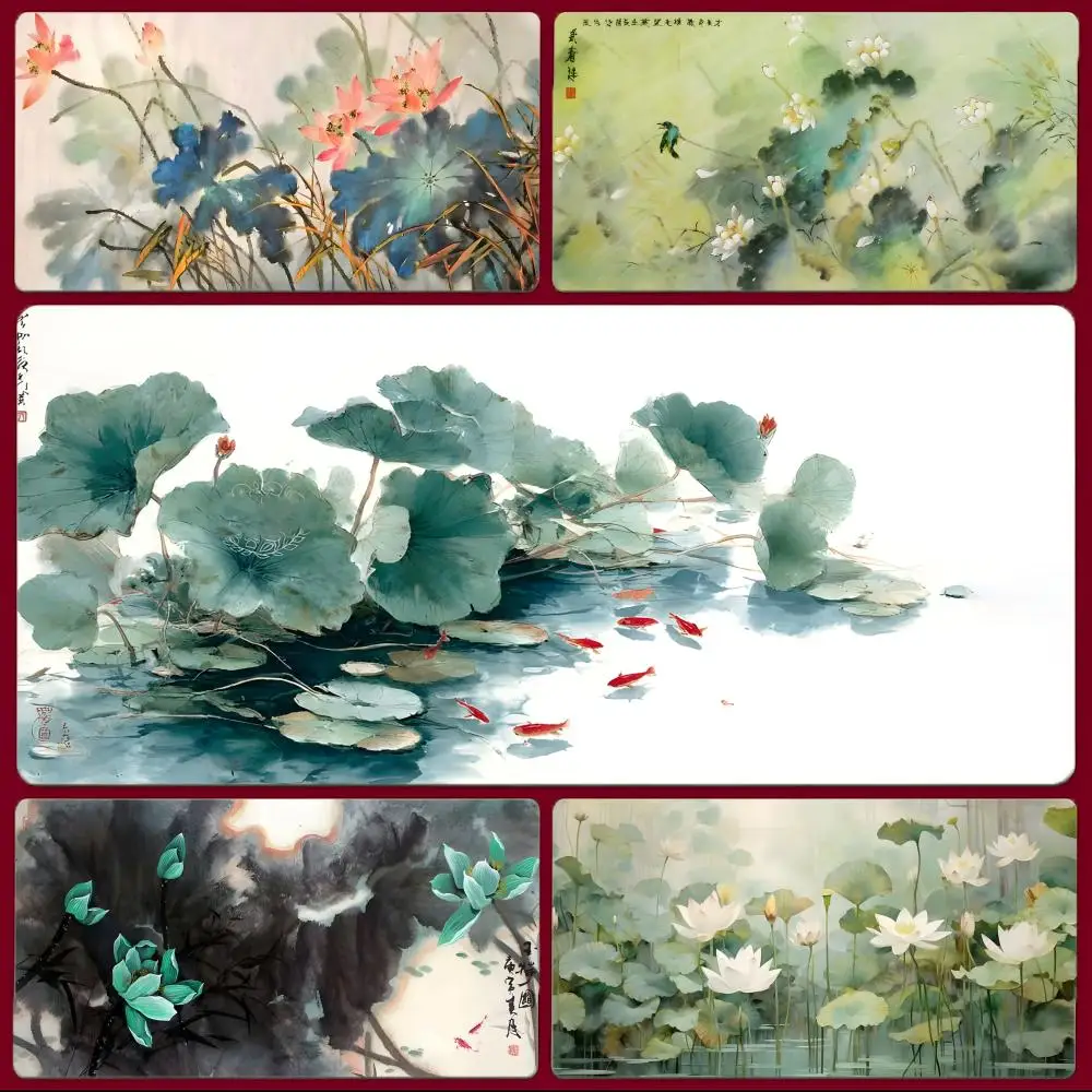 Traditional Ink Wash Lotus Anti-slip Mouse Pad Large Gaming Mousepad with Stitched Edges Thickened Desk Mat PC