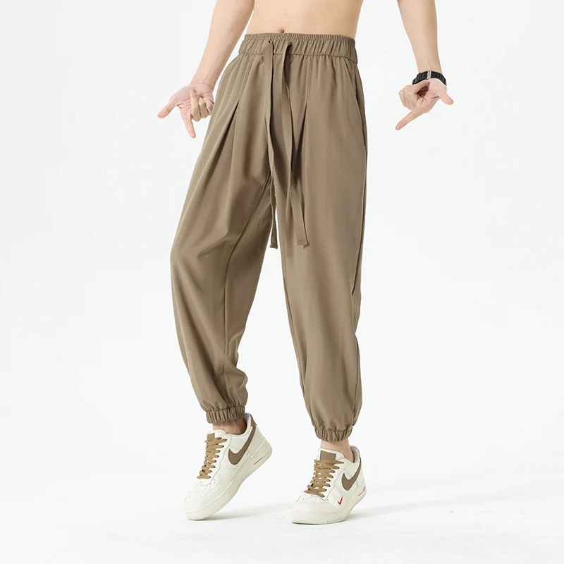 

New Men'S Spring Summer Korean Style Fashion Versatile Loose Ice Silk Sports Trousers Young Thin Drop Feel Casual Harun Pants