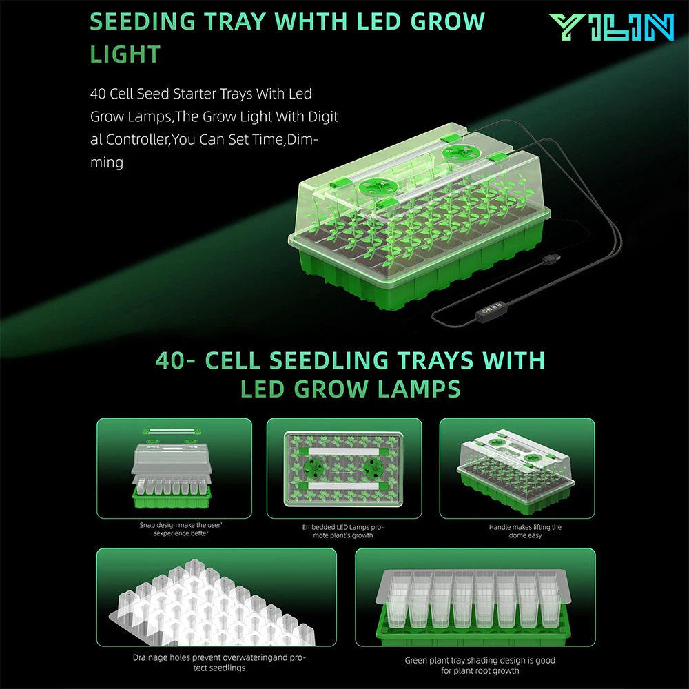 Seed Starter Kit Trays Set With Led Grow Lamps Smart Timer & Dimmable 40 Cells & 2 LED Grow Lights/1Pack For Home Garden Plant