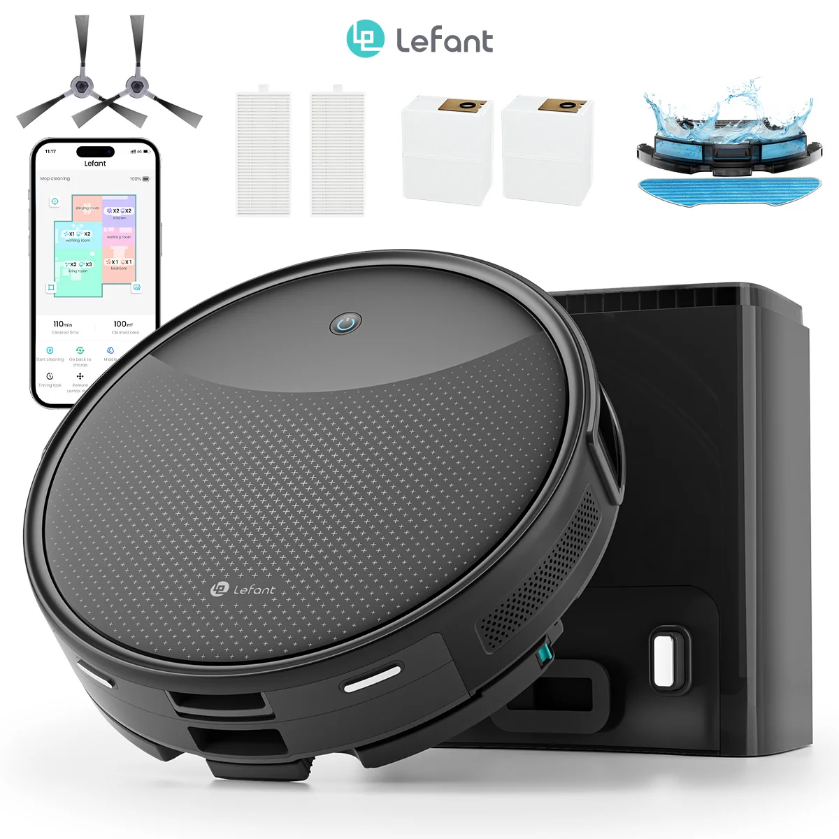 Lefant M350, zuigkracht van 6000 Pa, robotstofzuiger en dweilicombinatie, zelfledigend, ToF-lasernavigatie, appbediening en Alexa
