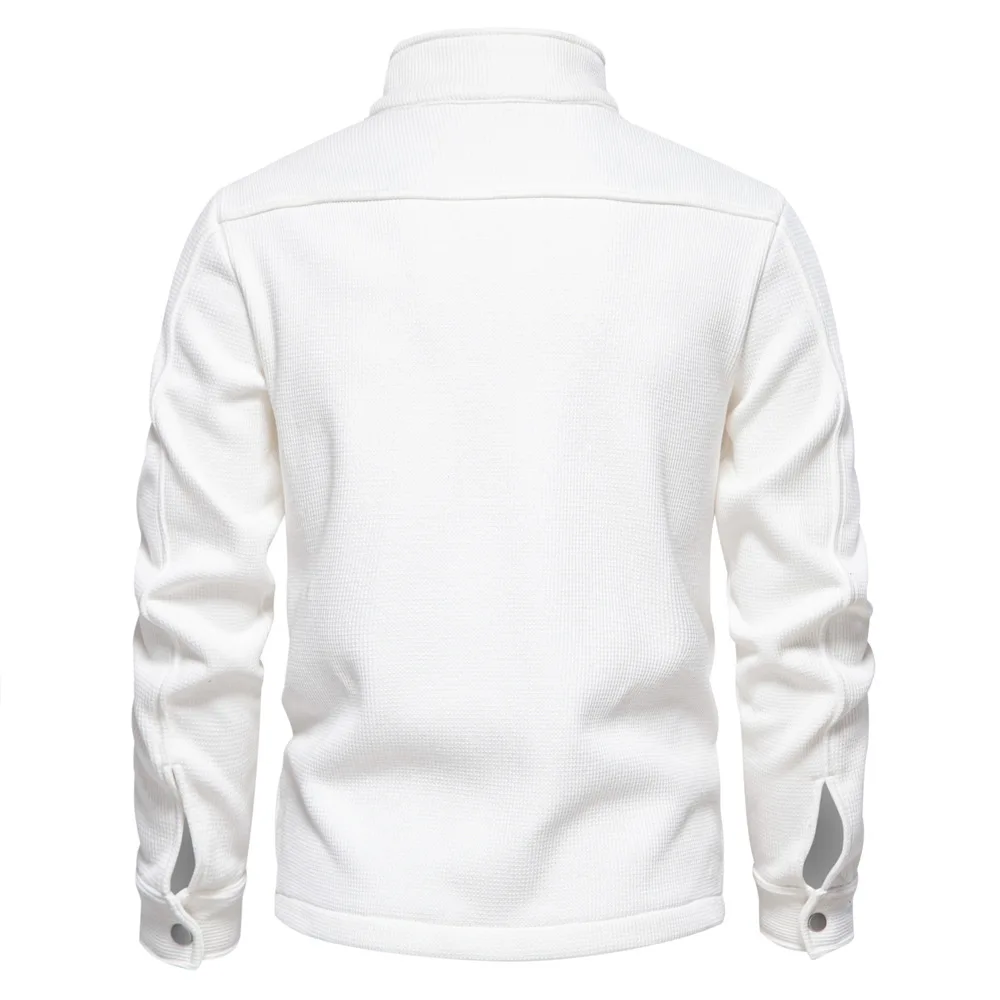 Autumn Winter Fleece Waffle Lapel Zip-Up Jacket Men's Pocket Casual Outerwear
