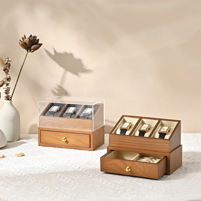 WoodTen 3 Grids Wood Watch Box Double-layer Watch Jewelry Organizer Wrist Watch Storage Box Dust-proof Cover Jewelry Watches Box