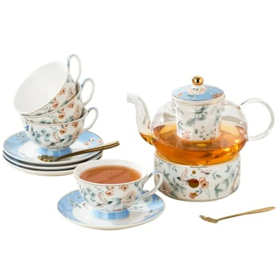 

Porcelain Tea Set, Blue Floral Series, 4 Cups and Saucers with Teapot, Warmer, Filter and Spoon, 16 Pieces