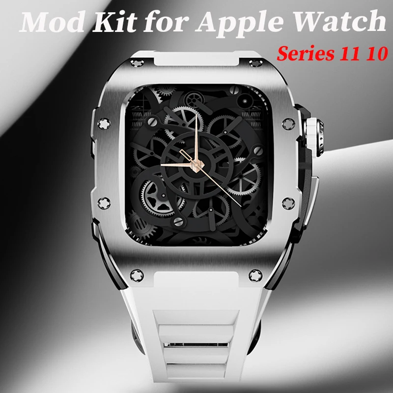 Modification Kit for Apple Watch Series 11 10 46mm Luxury Stainless Steel Protector Case Rubber Strap for Watch Band Accessories