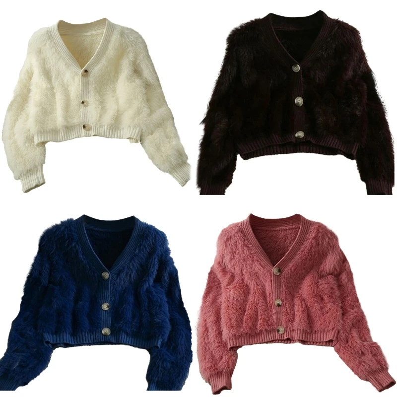 

Imitation Mink Short Cardigan Soft Breathable Knit Sweater Long Sleeve V-neck Outwear Solid Color Short Coat N7YE