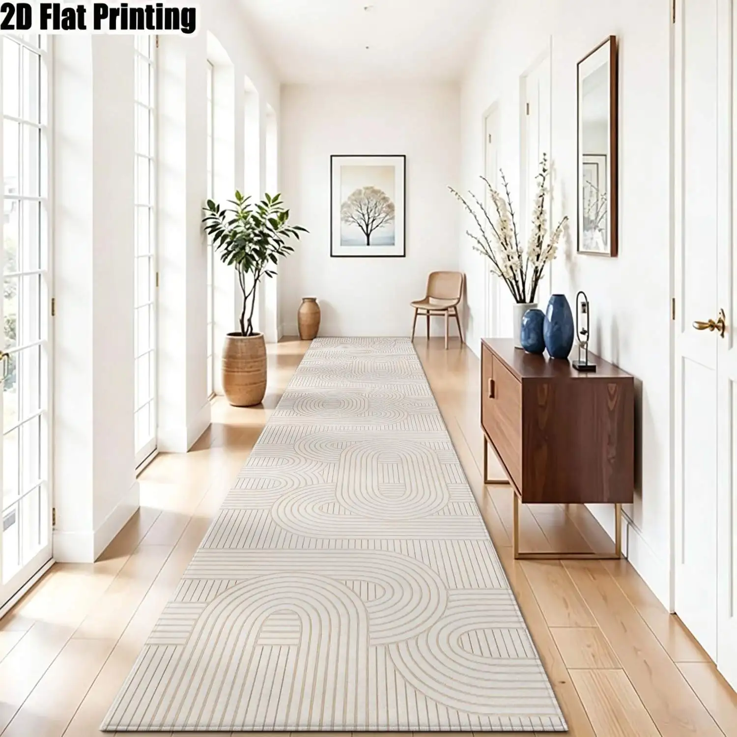 1Pc 2D Printed Long Strip Runner Rug: Beige Letters & Lines Pattern, Nordic Modern Minimalist Geometric Striped Design, Machine Washable, Multi-Sized Home Decor for Entryway, Hallway, Bedroom, Living Room