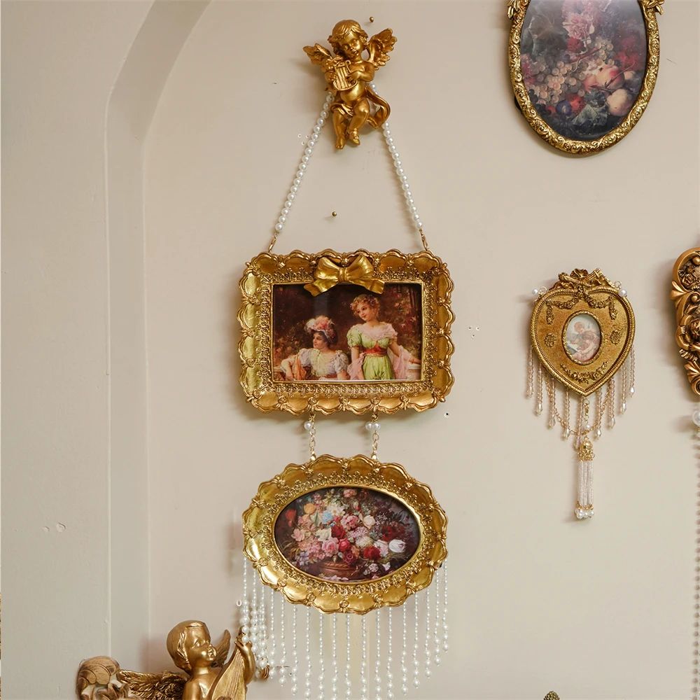 

Дворцовая фоторамка из смолы с тиснением в европейском стиле, жемчужная фоторамка, украшение для дома, комнаты, резной пейзаж, настенная подвеска